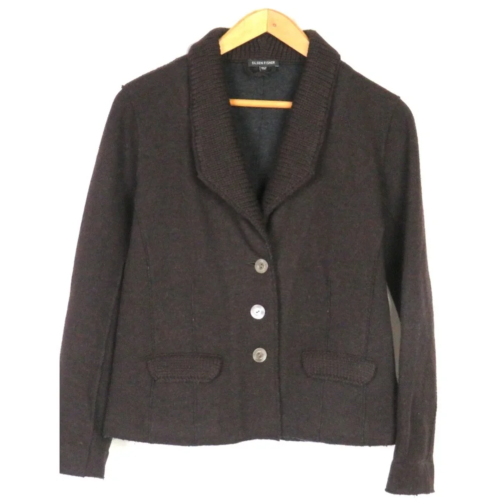 EILEEN FISHER Wool Blend‎ Shawl Collar Button Cardigan Sweater Women's Medium